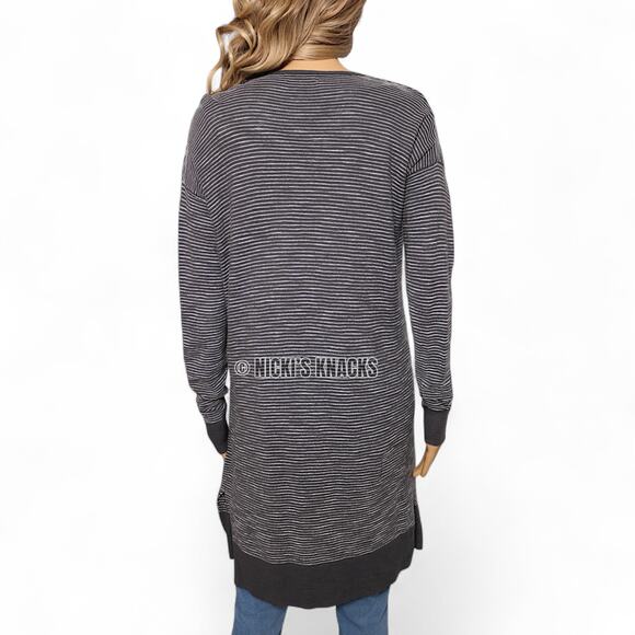 Allison Joy Gray White Striped Ottoman Knit Open Front Longline Cardigan Size M - Picture 4 of 7